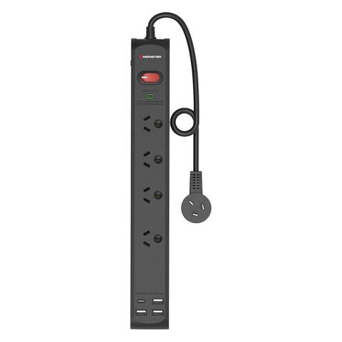 Monster 4-Socket Surge Protector with 4 USB Charging Ports - Black