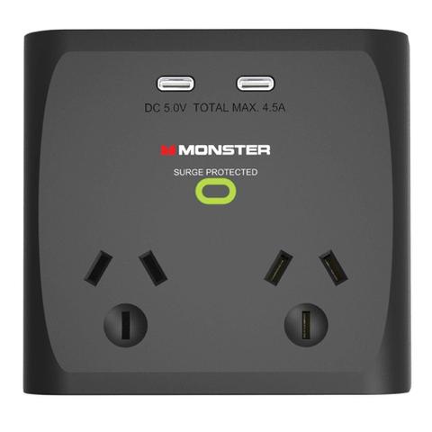 Monster Dual Socket Surge Protector with 2 USB-C Ports - Black