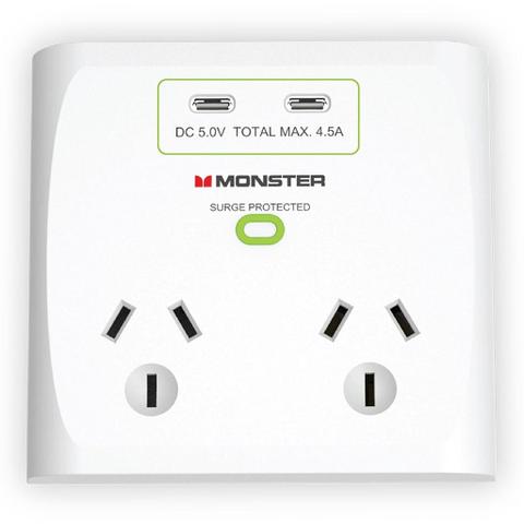 Monster Dual Socket Surge Protector with 2 USB-C Ports - White