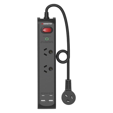 Monster Dual Socket Surge Protector with 4 USB Charging Ports - Black