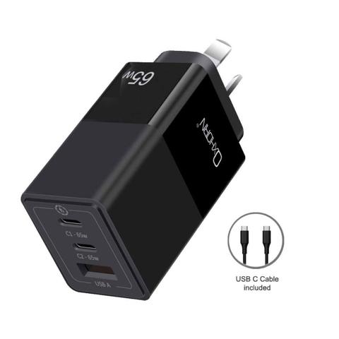 Oxhorn 65W PD GaN Fast Wall Charger 3-Port USB-C/USB-A - Black