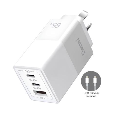 Oxhorn 65W PD GaN Fast Wall Charger 3-Port USB-C/USB-A - White