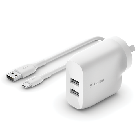 Belkin BoostCharge 24W Dual USB-A Charger + USB-A to USB-C cable (White)