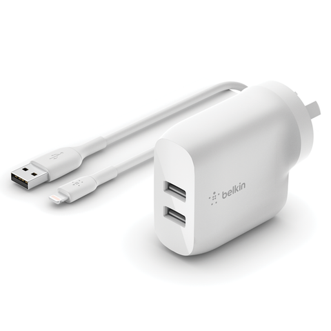 Belkin BoostCharge 24W Dual USB-A Charger +Lightning to USB-A Cable (White)