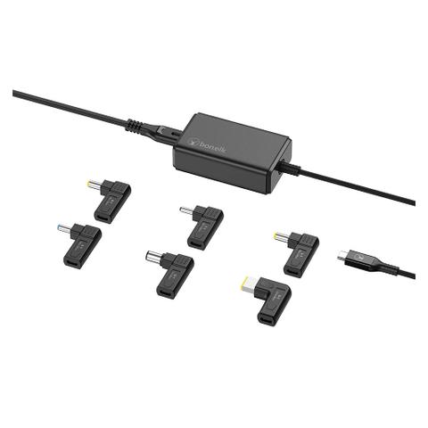 Bonelk 1.5m Long-Life 65W GaN Multi-Device Laptop Charger w/ In-Built Cable - Black