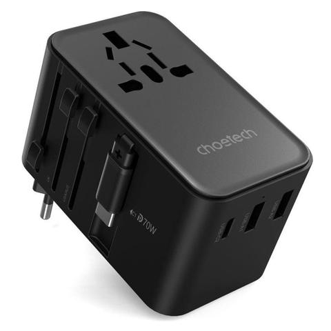 Choetech PD5022 70W Travel Adapter w/ Built-in USB-C Cable - Black