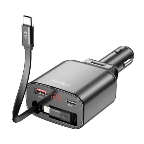 Choetech TC0033 105W USB-C+USB-A Fast Car Charger w/ Stretchable USB-C & Lightning Cables