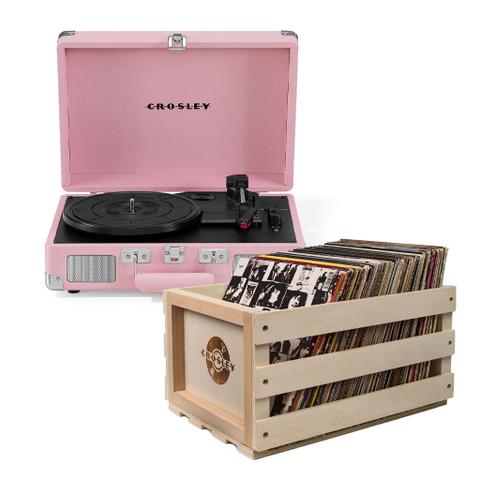 Crosley Cruiser Bluetooth Portable Turntable - Blush Pink + Bundled Crosley Record Storage Crate