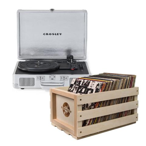 Crosley Cruiser Bluetooth Portable Turntable - Silver + Bundled Crosley Record Storage Crate
