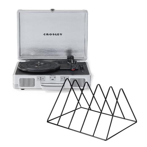 Crosley Cruiser Bluetooth Portable Turntable - Silver + Gadhouse Vinyl Rack Bundle - Black