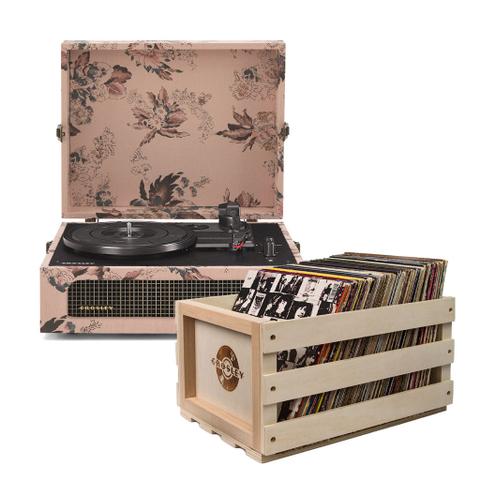 Crosley Voyager Bluetooth Portable Turntable - Floral + Bundled Record Storage Crate