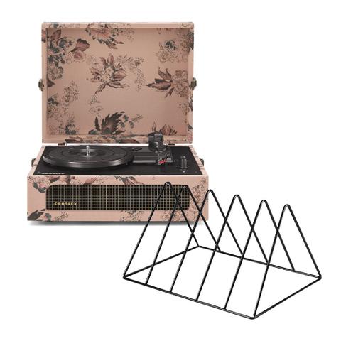 Crosley Voyager Bluetooth Portable Turntable - Floral + Gadhouse Vinyl Rack Bundle - Black