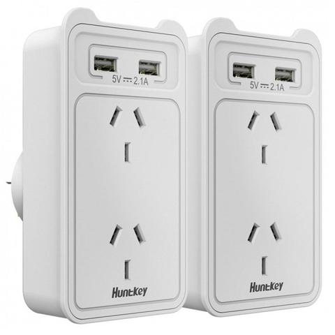 Huntkey SAC207 Smart AU Wall Charger with 2 AC and 2 USB combined 2.4A - 2 Pack