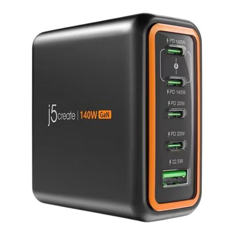 j5create 140W Fast GaN 5-Port USB-C + USB-A Wall Charger