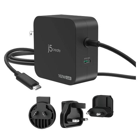 j5create 102W Fast GaN 2-Port USB-C + USB-A Charger w/ Changeable AC Plugs