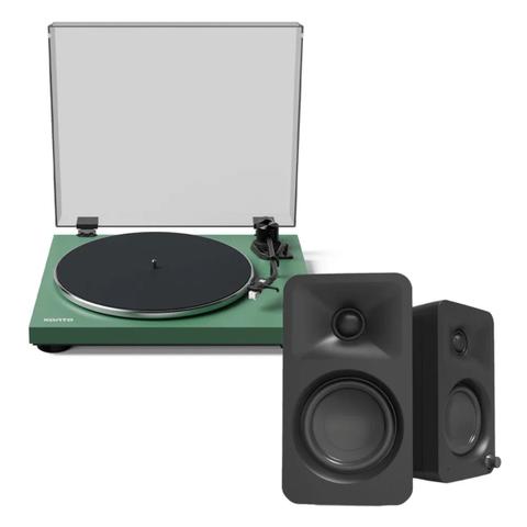 Kanto OBI3 Turntable - Matte Green w/Kanto ORA 100W Powered Speakers - Black Bundle