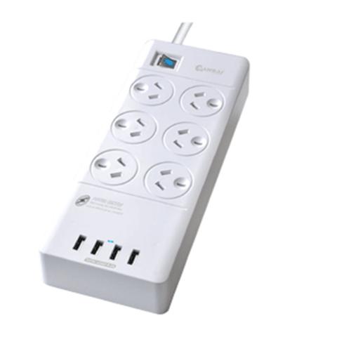 Sansai PAD-4066E 6-Outlet Surge Protected Powerboard with 4x USB