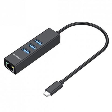 Simplecom CHN421 USB-C to 3 Port USB-A HUB w/ Gigabit Ethernet Adapter - Black