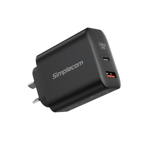 Simplecom CU265 Dual Port 65W GaN Fast Wall Charger USB-C+USB-A for Phone Laptop