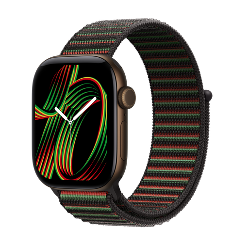 Apple Watch Series 12 GPS + Cellular, 42mm Dark Bronze Aluminium Case with Black Unity Sport Loop — Unity Rhythm