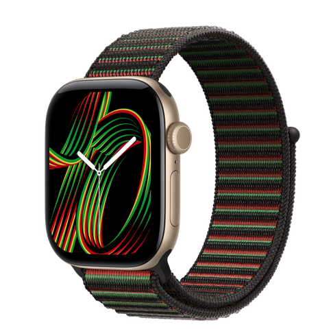Apple Watch Series 12 GPS, 42mm Light Gold Aluminium Case with Black Unity Sport Loop — Unity Rhythm