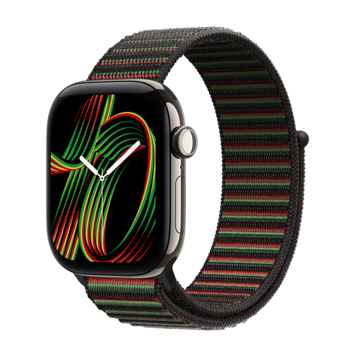 Apple Watch Series 12 GPS + Cellular, 42mm Natural Titanium Case with Black Unity Sport Loop — Unity Rhythm