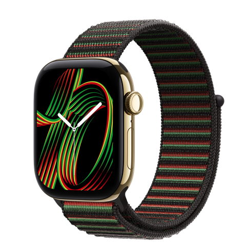Apple Watch Series 12 GPS + Cellular, 42mm Radiant Gold Titanium Case with Black Unity Sport Loop — Unity Rhythm