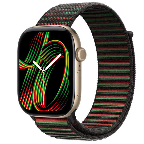 Apple Watch Series 12 GPS, 46mm Light Gold Aluminium Case with Black Unity Sport Loop — Unity Rhythm