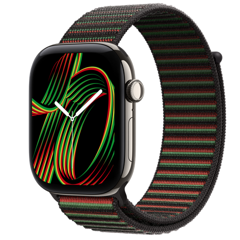 Apple Watch Series 12 GPS + Cellular, 46mm Natural Titanium Case with Black Unity Sport Loop — Unity Rhythm