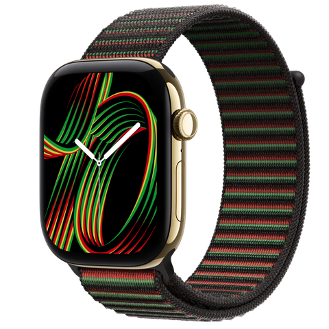 Apple Watch Series 12 GPS + Cellular, 46mm Radiant Gold Titanium Case with Black Unity Sport Loop — Unity Rhythm