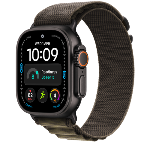 Apple Watch Ultra 4 GPS + Cellular, 49mm Black Titanium Case with Dark Olive Alpine Loop