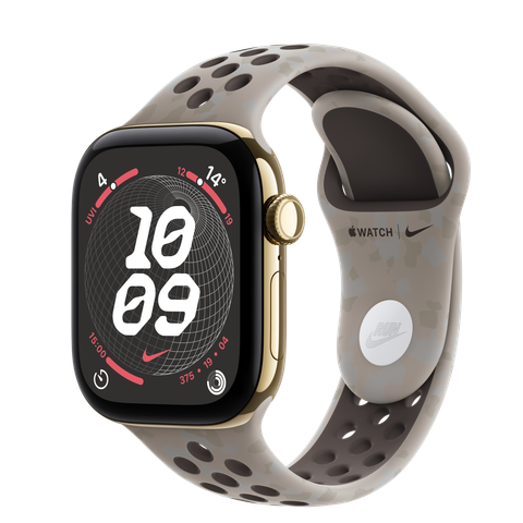 Apple Watch Series 12 GPS + Cellular, 42mm Radiant Gold Titanium Case with Pavement Grey Nike Sport Band
