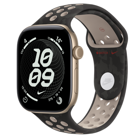 Apple Watch Series 12 GPS + Cellular, 46mm Light Gold Aluminium Case with After Dark Black Nike Sport Band