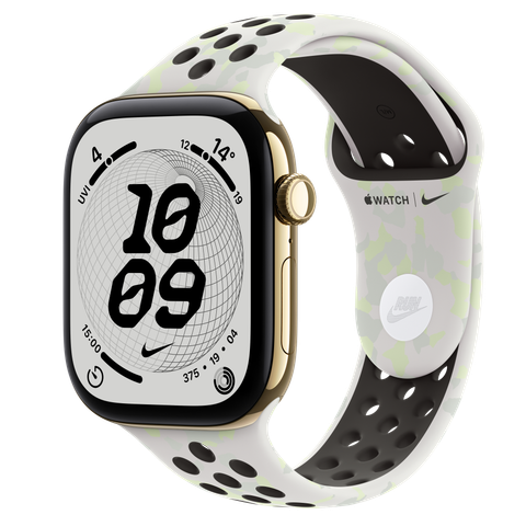 Apple Watch Series 12 GPS + Cellular, 46mm Radiant Gold Titanium Case with Essential White Nike Sport Band