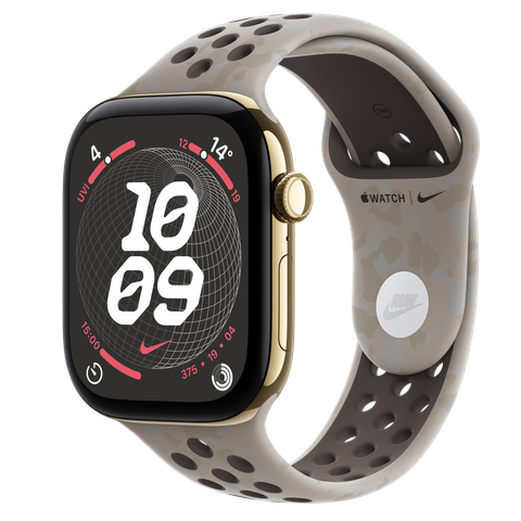 Apple Watch Series 12 GPS + Cellular, 46mm Radiant Gold Titanium Case with Pavement Grey Nike Sport Band