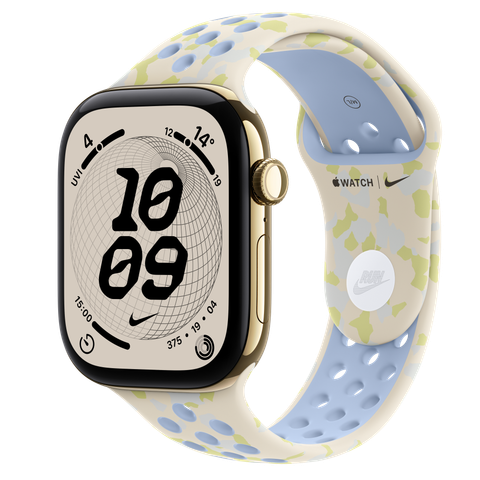 Apple Watch Series 12 GPS + Cellular, 46mm Radiant Gold Titanium Case with Chalk Calm Nike Sport Band