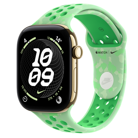 Apple Watch Series 12 GPS + Cellular, 46mm Radiant Gold Titanium Case with Green Spark Nike Sport Band