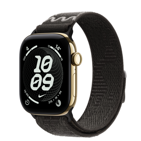 Apple Watch Series 12 GPS + Cellular, 42mm Radiant Gold Titanium Case with After Dark Black Nike Sport Loop