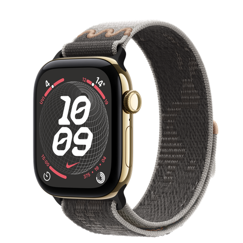 Apple Watch Series 12 GPS + Cellular, 42mm Radiant Gold Titanium Case with Pavement Grey Nike Sport Loop