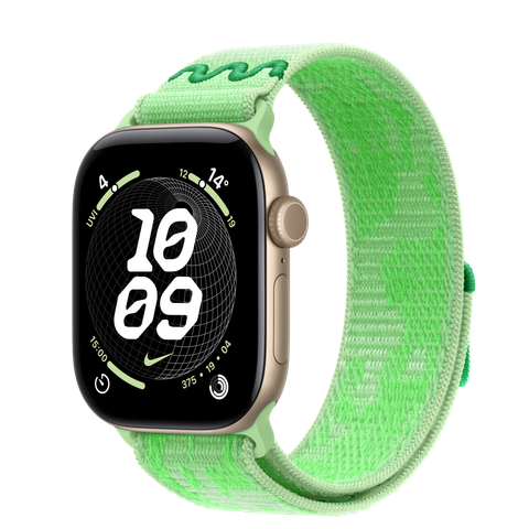 Apple Watch Series 12 GPS, 42mm Light Gold Aluminium Case with Green Spark Nike Sport Loop