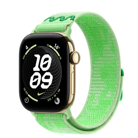 Apple Watch Series 12 GPS + Cellular, 42mm Radiant Gold Titanium Case with Green Spark Nike Sport Loop