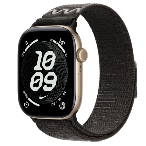 Apple Watch Series 12 GPS, 46mm Light Gold Aluminium Case with After Dark Black Nike Sport Loop