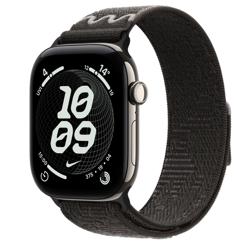 Apple Watch Series 12 GPS + Cellular, 46mm Natural Titanium Case with After Dark Black Nike Sport Loop