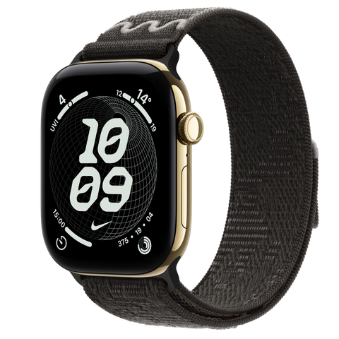 Apple Watch Series 12 GPS + Cellular, 46mm Radiant Gold Titanium Case with After Dark Black Nike Sport Loop