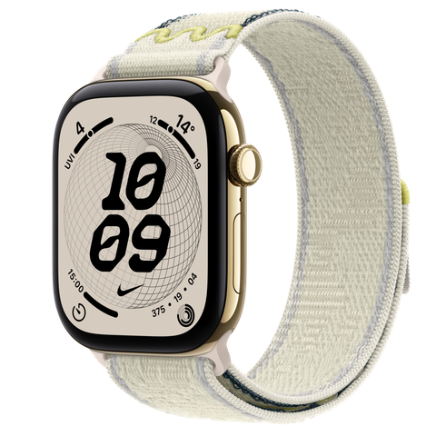 Apple Watch Series 12 GPS + Cellular, 46mm Radiant Gold Titanium Case with Chalk Calm Nike Sport Loop