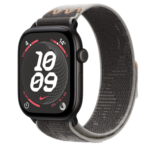 Apple Watch Series 12 GPS + Cellular, 46mm Black Aluminium Case with Pavement Grey Nike Sport Loop