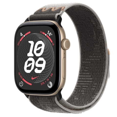 Apple Watch Series 12 GPS, 46mm Light Gold Aluminium Case with Pavement Grey Nike Sport Loop