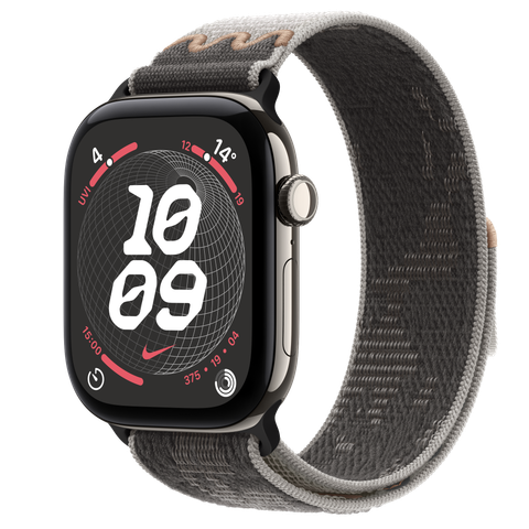 Apple Watch Series 12 GPS + Cellular, 46mm Natural Titanium Case with Pavement Grey Nike Sport Loop