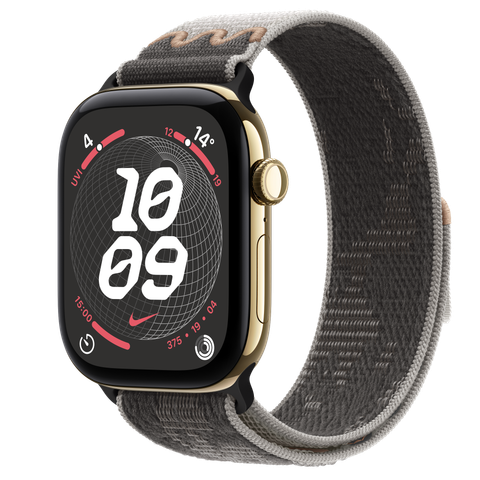 Apple Watch Series 12 GPS + Cellular, 46mm Radiant Gold Titanium Case with Pavement Grey Nike Sport Loop