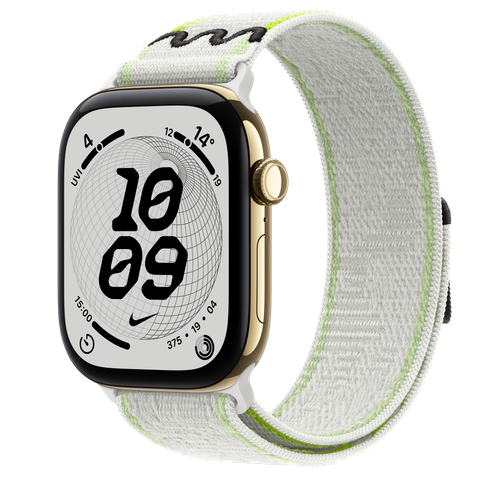 Apple Watch Series 12 GPS + Cellular, 46mm Radiant Gold Titanium Case with Essential White Nike Sport Loop